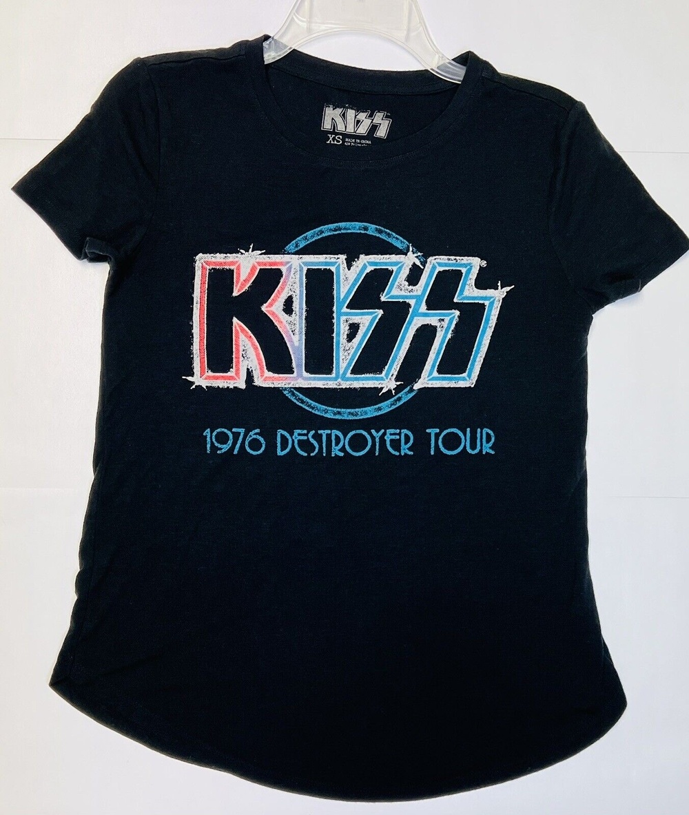 KISS Black T-Shirt Large 1976 Destroy Tour Merch Graphic-Tee Oversized XS